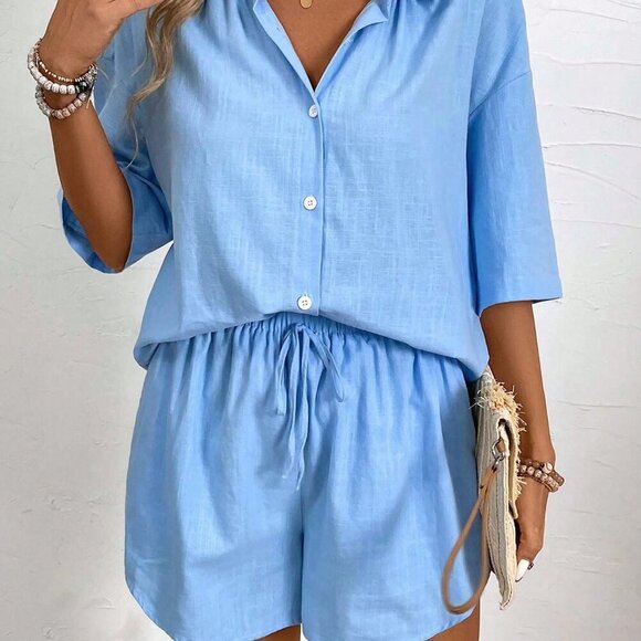 Blue Casual Women's Vacation Solid Color Drop-Shoulder Shirt And Shorts Set - Picture 4 of 7